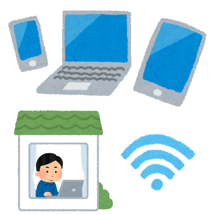 スマホ、ノートパソコン、タブレット、在宅でテレワークをしている人、ワイファイのマークの画像